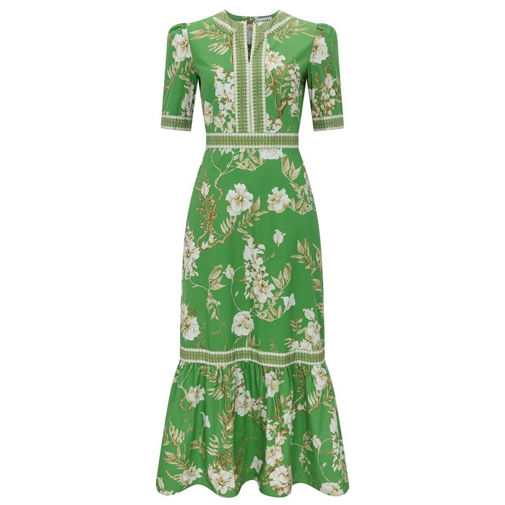 RAISHMA‎ Darcie Green Floral Maxi Cotton Dress Botanical Tropical Resort UK 14